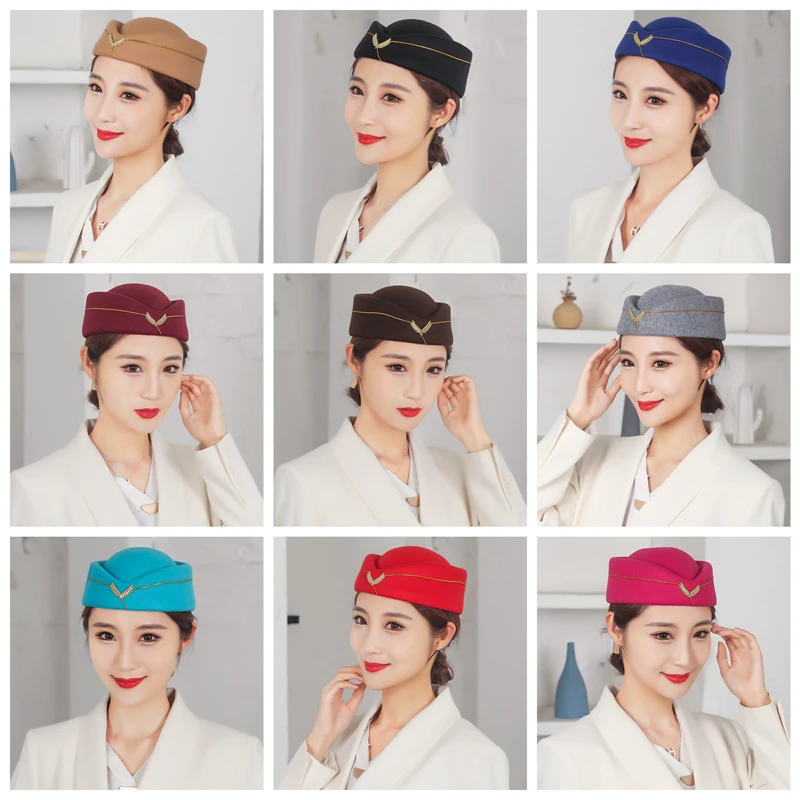 Women\'s Party Cosplay Cap Wool Felt Air Hostesses Beret Hat Airline Stewardess Formal Sailor Uniform Hat Caps Stage performance
