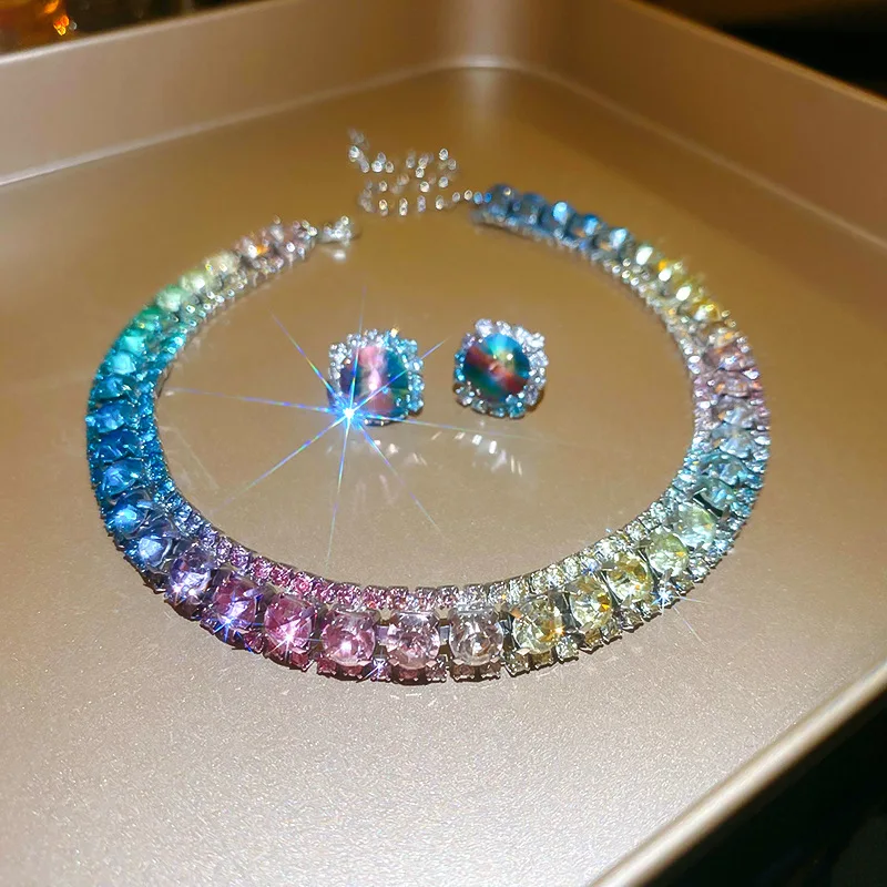 2pcs Emerald Square Earrings Necklace for Women Shining Rhinestone Trendy Versatile High-end Elegant Jewelry Set Party Gift image 4