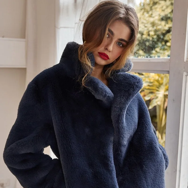 2021 New European and American Women's Clothing Rabbit Fur Jacket Artificial Fur Blue Lapel Medium Haining Fur Wholesale