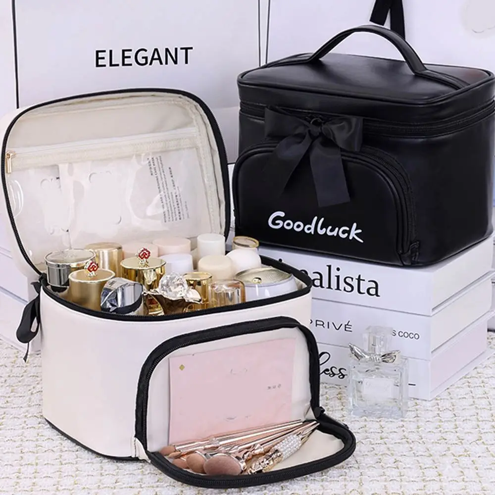 

Waterproof PU Cosmetics Storage Bag With Zipper Large Capacity Bowknot Makeup Bag Dust-proof Multi-Compartment Washing Bag Women