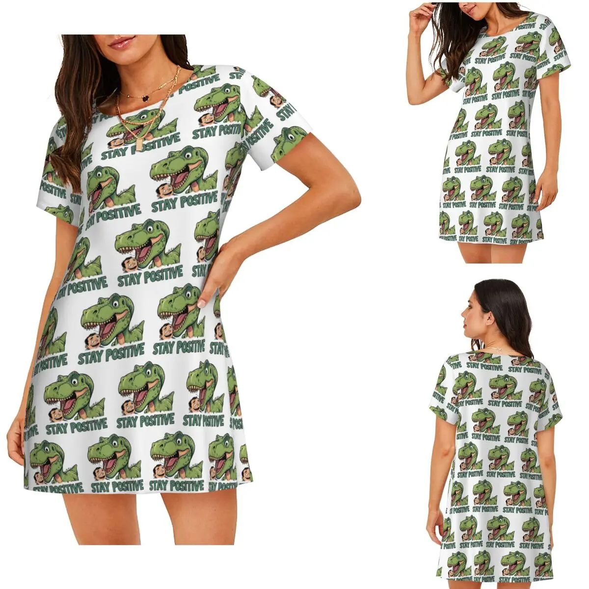 Stay Positive Funny T-Rex Dinosaur Sticker Short Sleeves NightdressSleeping Sleepshirts Women  Nightgowns Loose Pajama Dress