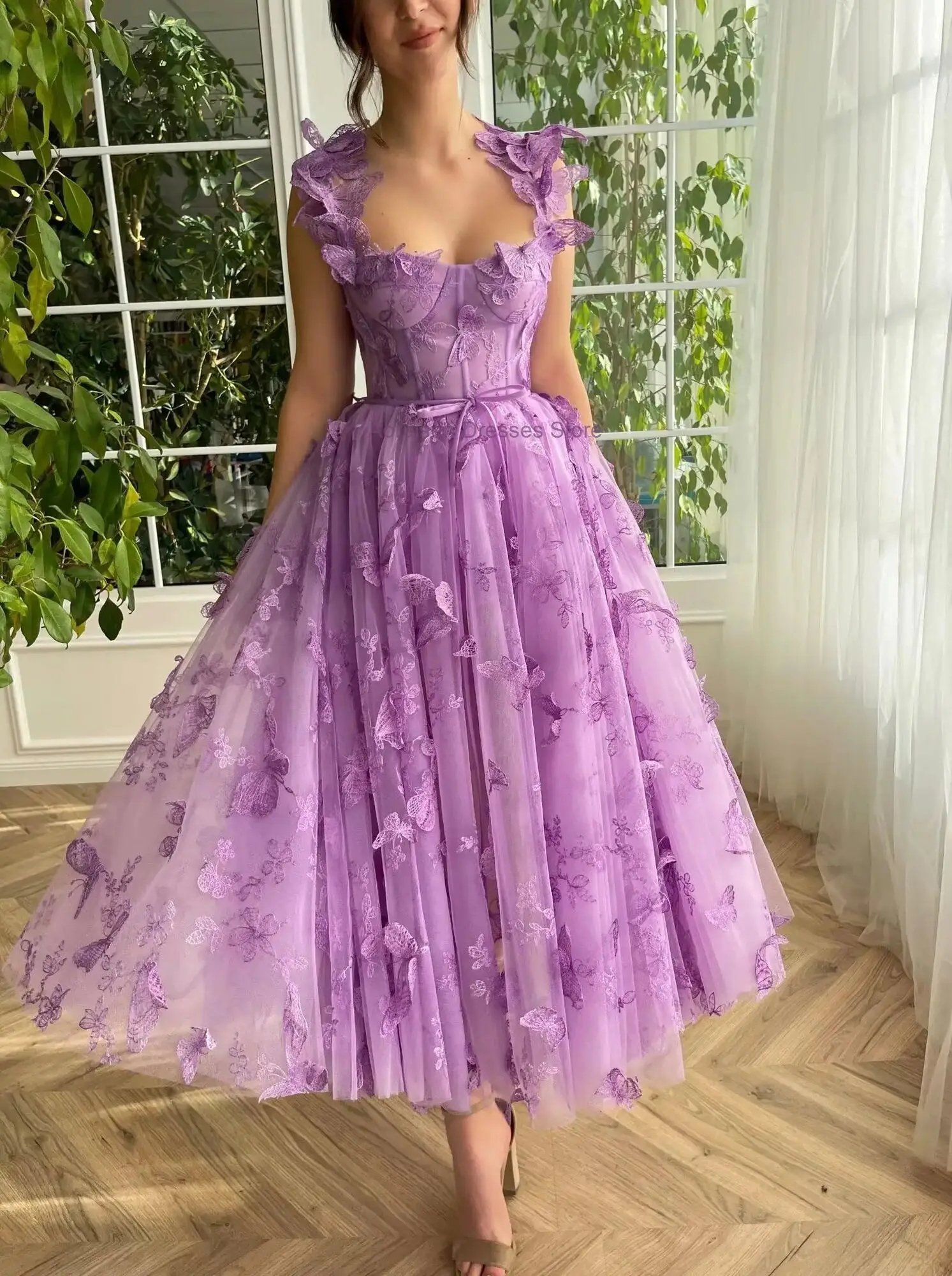 2024 Women\'s Tulle Prom Dresses 3D Butterfly Spaghetti Straps with Slit Tea Length Homecoming Dress Graduation School Party Gown