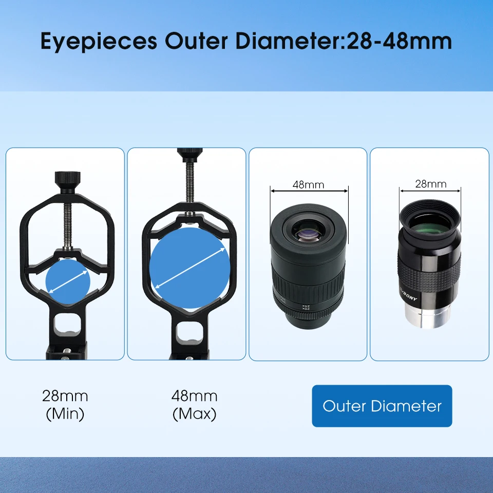 SVBONY SV214 Pro 3-Achsen-Universal-Smartphone-Adapter 28 mm-48 mm/44 mm-64 mm Klemmbereich für Teleskope oder Digiscoping – Detail 3