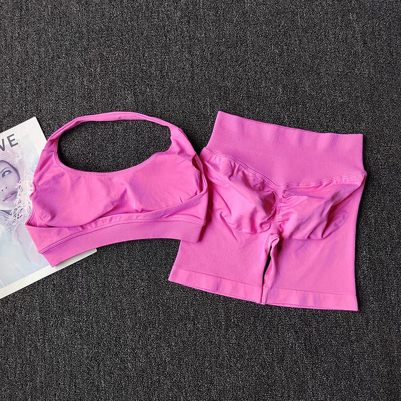 2 Pieces Women's Yoga Suit Seamless Fitness Gym Clothes Halter Sports Bra And Shorts Workout Set Gym Outfit