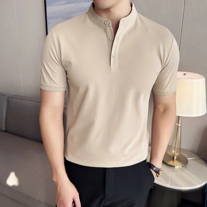 Men Chinese Standing Neck Polo Shirt 2024 Summer New Thin Solid Color Casual Short Sleeved Elastic Slim Fit T-shirt Men Clothing