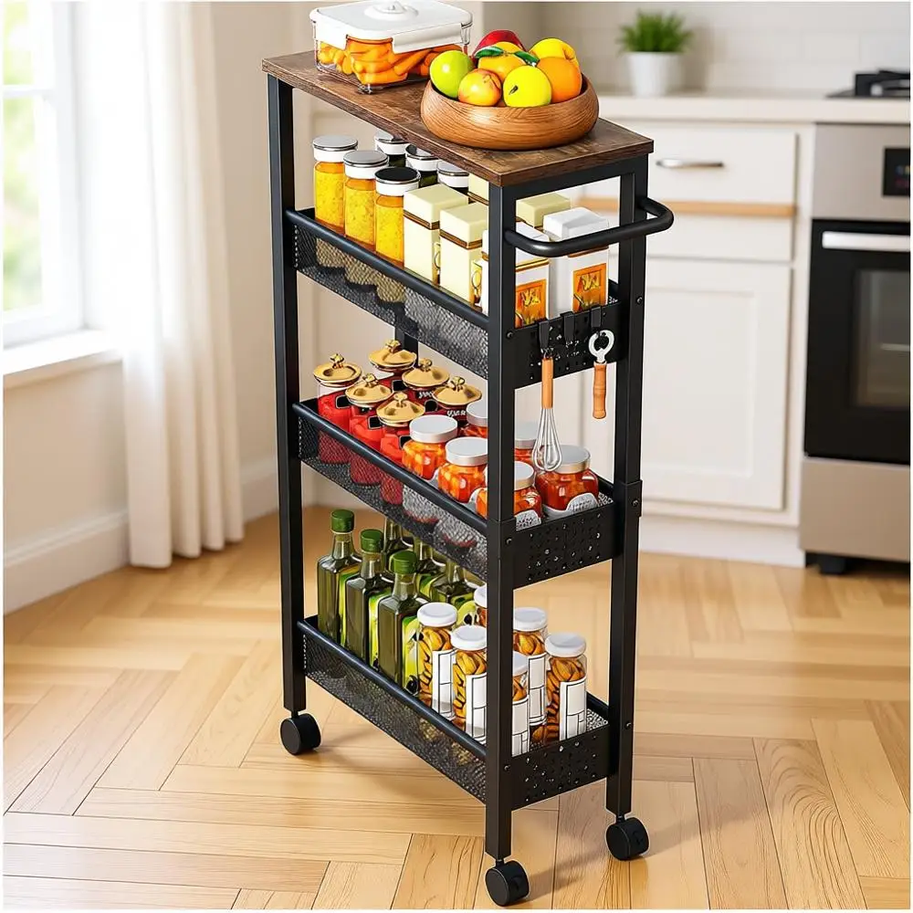 

Compact 4-Tier Rolling Storage Cart with Wooden Top for Kitchen, Bathroom, and Laundry - Black