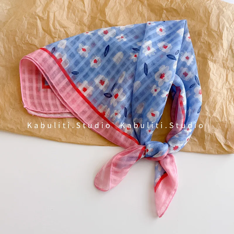 Scarf Wrap Cotton Linen Korean Sweet Floral Print Cherry Blossom Daisy Head Cover Sun Protection Decorative for Women