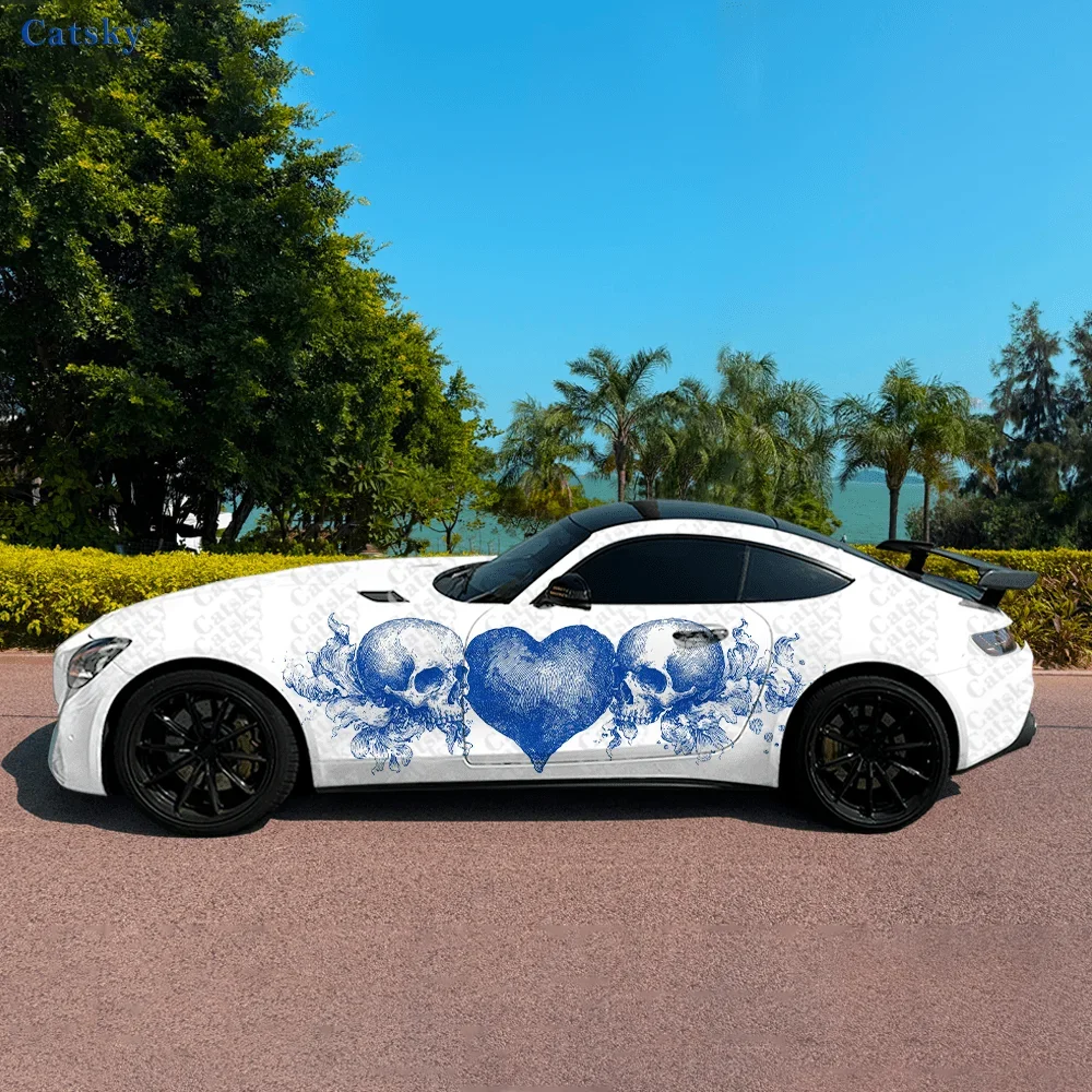 Classical Skeleton and Heart Car Side Car Wraps, Self-Adhesive PVC Waterproof & Scratch-Resistant Stickers, Car Accessory Gift