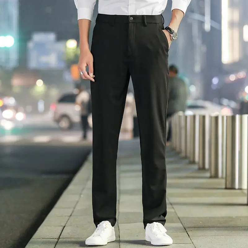 Male Suit Trousers Tressed Elastic Black Slim Fit Stretch Korean Men's Summer Pants Reviews Many Luxury Fabric Slacks Luxury Up