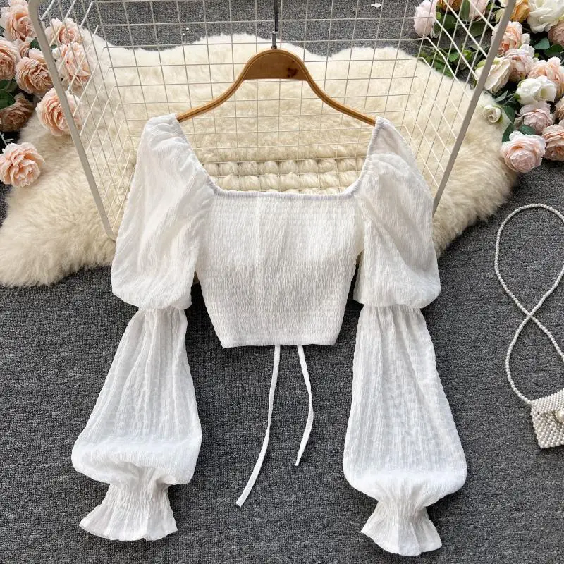 Chic Puff Long Sleeve Hotsweet Slim Blouse Elegant Korean Fashion Pleated Crop Top Sexy Shirt Sweet Spring Autumn Women Clothing