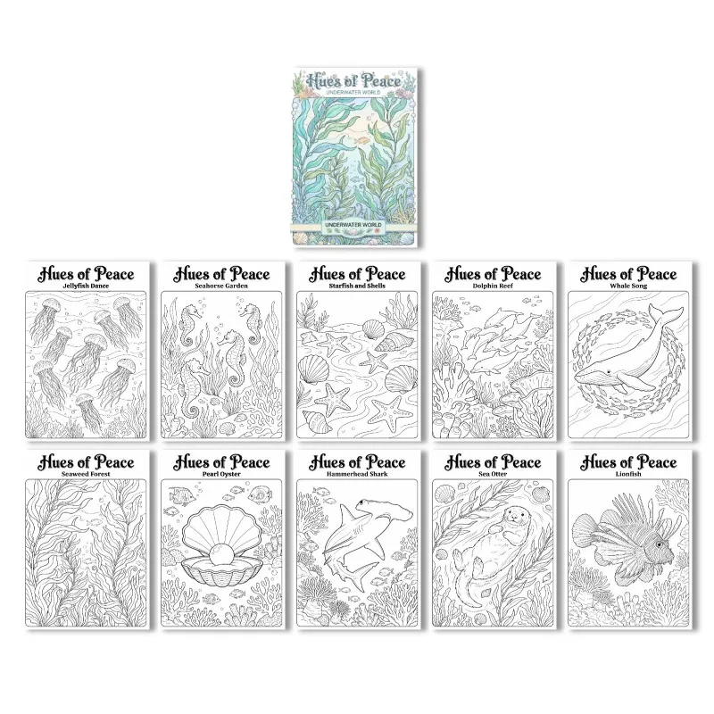 10pcs Per Pack Coloring Posters, Ocean‑Themed Hand‑Drawn Stress‑Relief Decor Graffiti Coloring Paintings