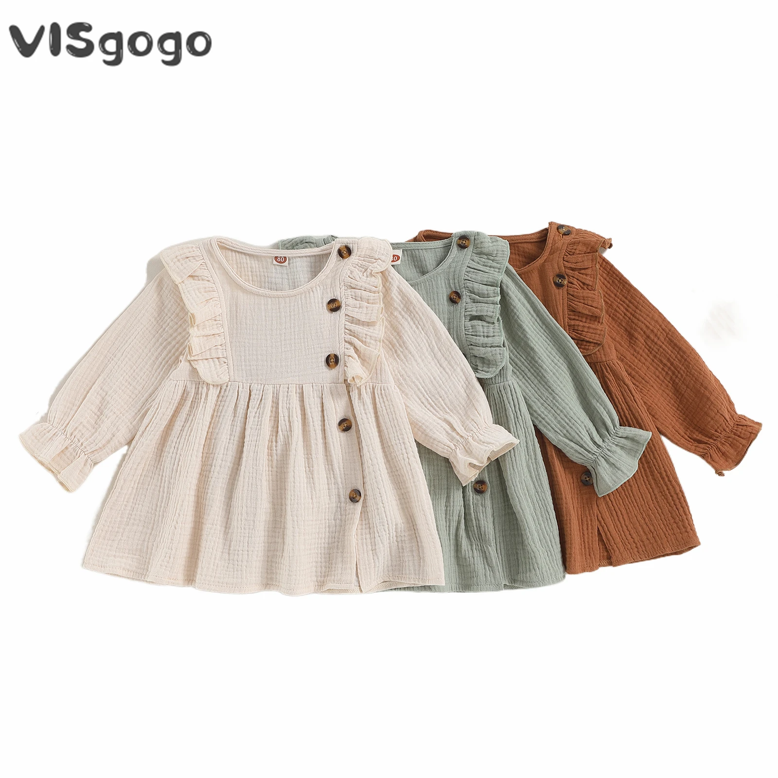 

VISgogo Baby Girls Dress Spring Fall Clothes Long Sleeve Crew Neck Buttons Solid Color Ruffles A-line Dress for Casual Daily