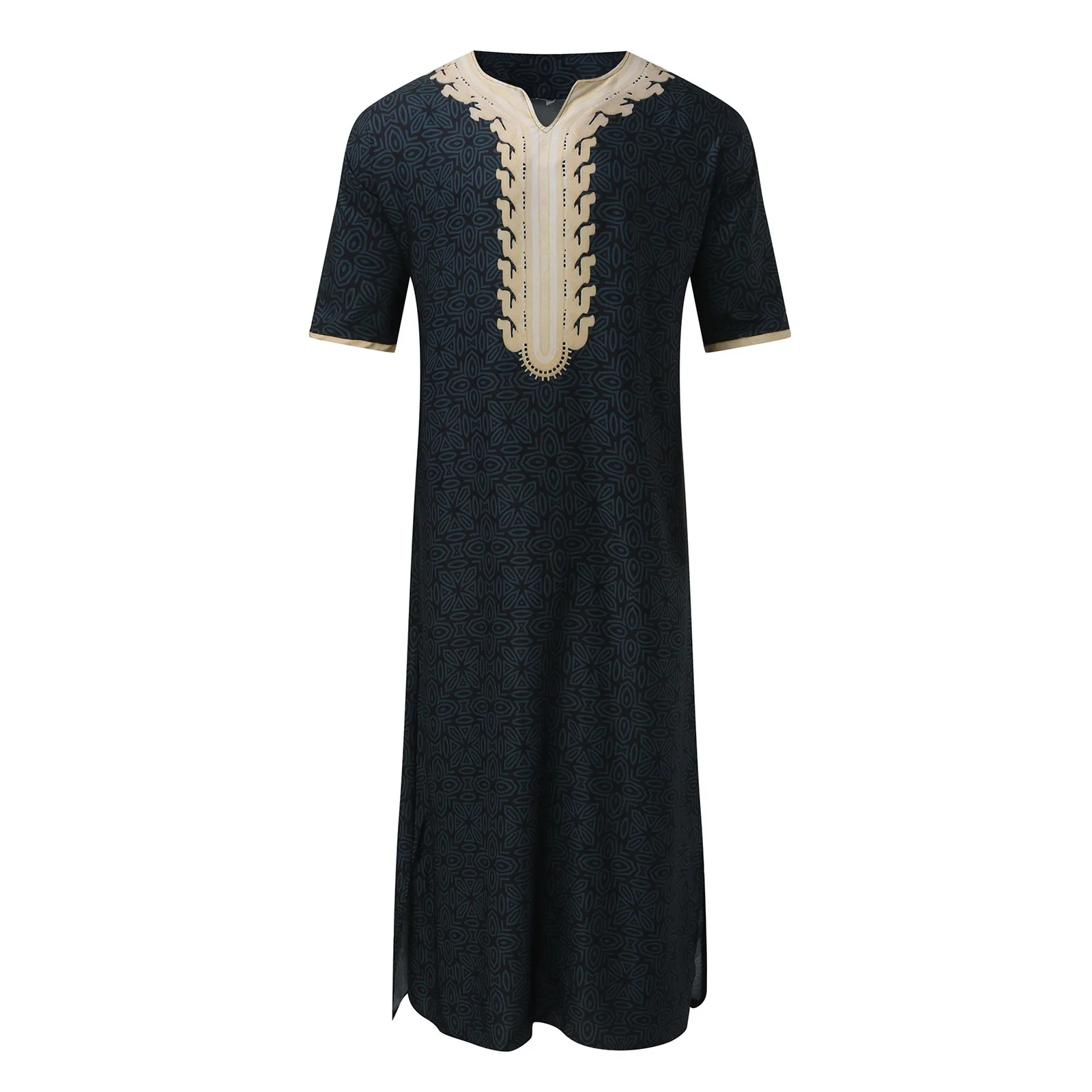 2024 Islam Kaftan Muslim Men Robe Moroccan V Neck Retro Golden Printed Loose Breathable Djellaba Abaya Thobe Casual For Man