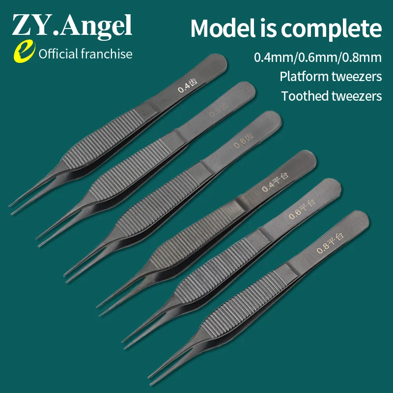 High quality stainless steel black plated transverse pattern plastic tweezers cosmetic surgical tools toothed/platform tweezers