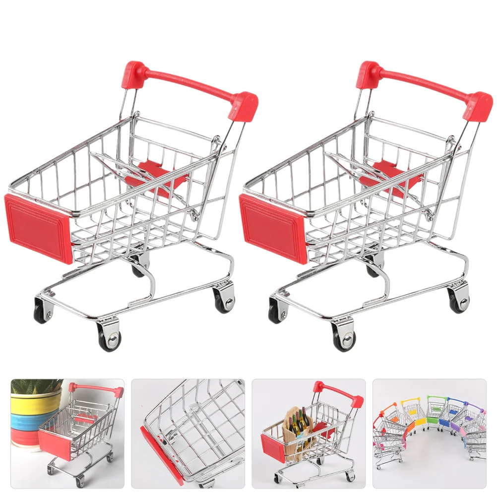 

2 Pcs Mini Shopping Cart Small Trolley Desktop Storage Supermarket Miniature Toy Model Airplane Iron Plastic Decor