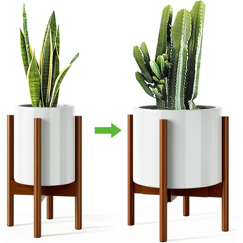 Piso único ajustável Bamboo Plant Stand, Stand de planta interior, 8 a 12 polegadas, 2 Pack