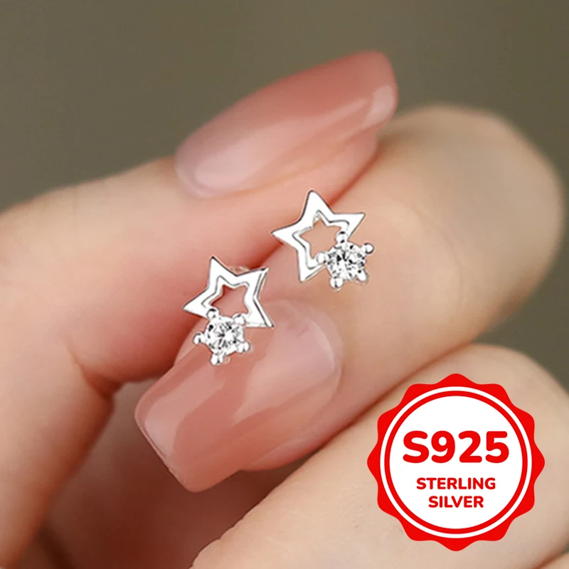 

Женские серьги из стерлингового серебра 925 пробы с полой звездой, простые маленькие свежие студенческие серьги с пятиконечной звездой, маленькие и универсальные