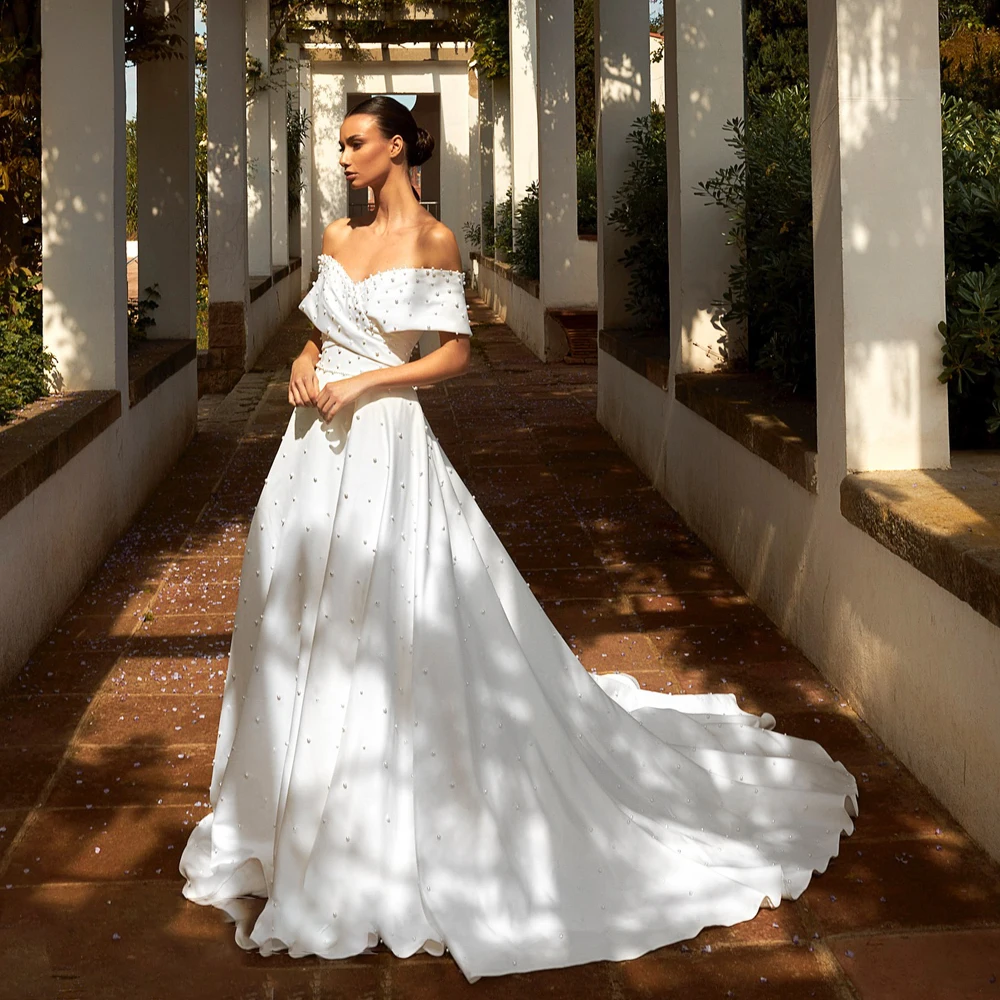 

Off Shoulder A-line Wedding Dress Satin Bridal Dresses For Wedding Customized amanda brides vestidos de novia