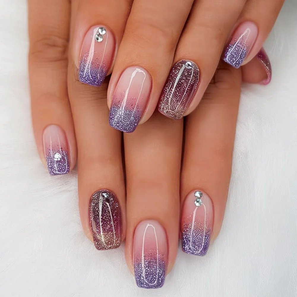 

24Pcs Mid-length Square Fake Nails Press on Purple Gradient Shiny Powder False Nails Rhinestone Detachable Full Cover Nails Tips