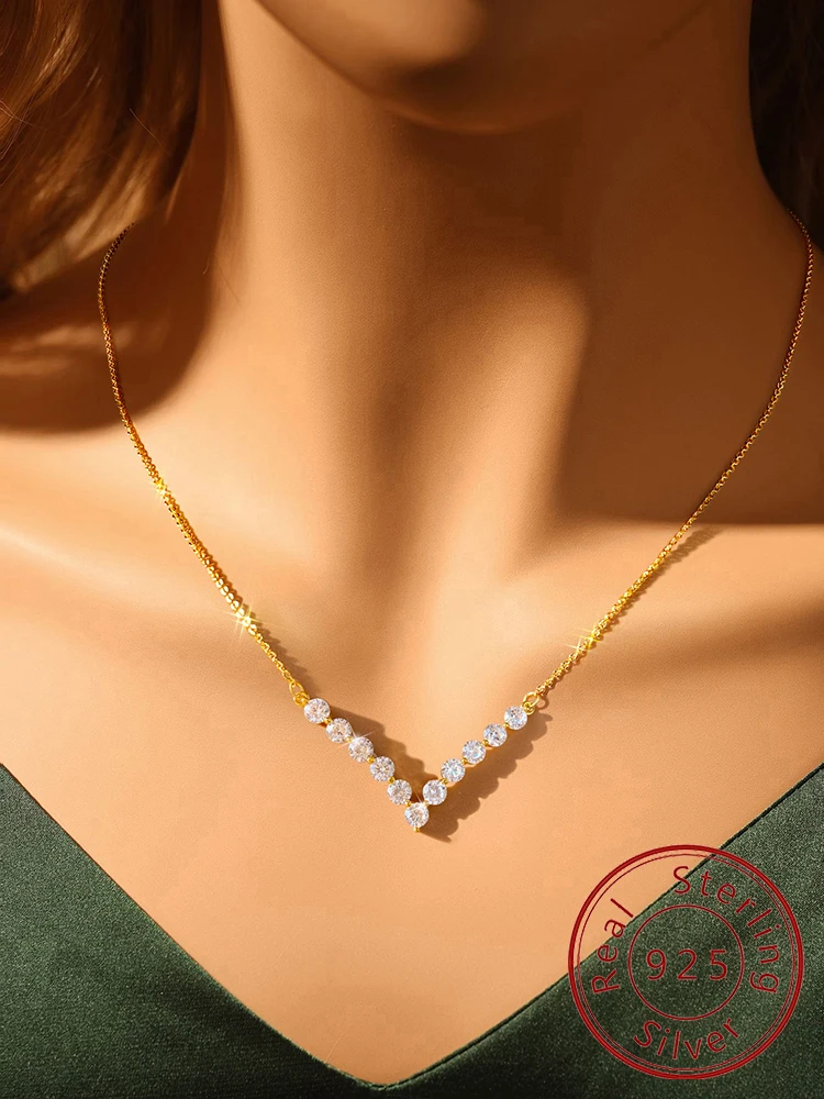 Schlichte, klassische, wunderschöne Zirkon-Schlüsselbeinkette aus 925er-Sterlingsilber mit V-förmigem Zirkon für Damen, Jahrestag, Party, hochwertiger edler Schmuck