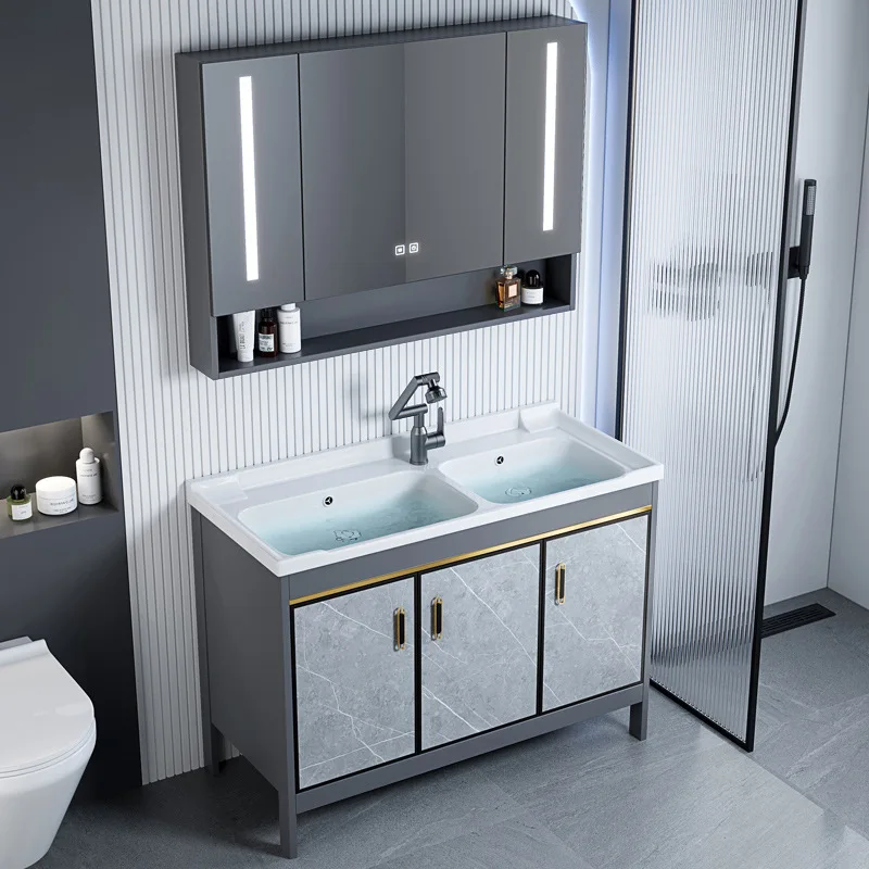 

Double basin floor-to-ceiling space aluminum bathroom cabinet combined bathroom wash basin hotel ceramic integrated wash table