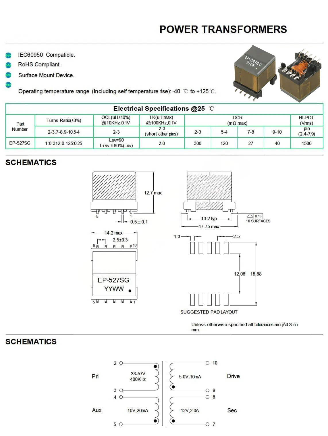 High Efficiency EP-527SG POE Switch Power Transforme SMD EP13 Type 33-57V 48V to 12V 2A  for Network Equipment etc