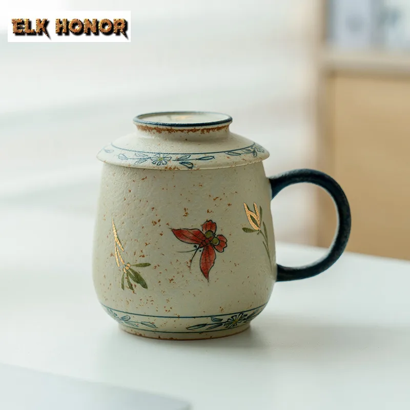 

260ml Hand-painted Butterfly Orchid With Lid Coffee Mug Couple Handgrip Cups Afternoon Tea Mug Master Office Water Cup Teaware