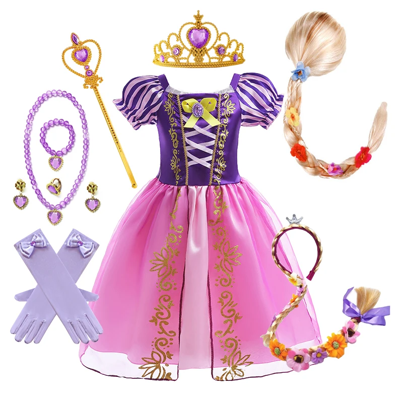 Rapunzel fantasia cosplay para meninas, vestido de princesa para crianças, festa de aniversário roxo e rosa, fantasia infantil, 2024