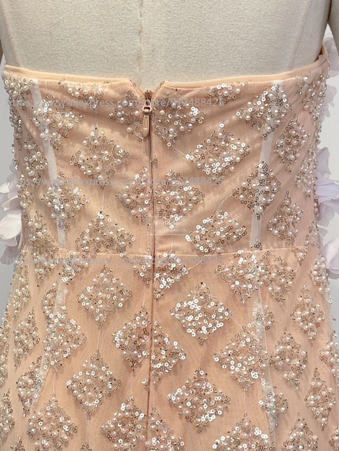 Abiti lunghi da donna di alta qualità con paillettes rosa e perline, applicazioni di fiori, senza maniche, senza schienale, per la festa