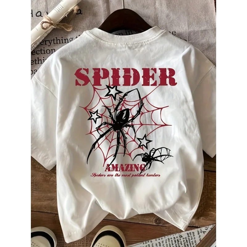 Summer and Spring Women's Spider Fun Printed Short Sleeve Round Neck Plus Size Casual Fashion Y2K Women's Round Neck T-shirt