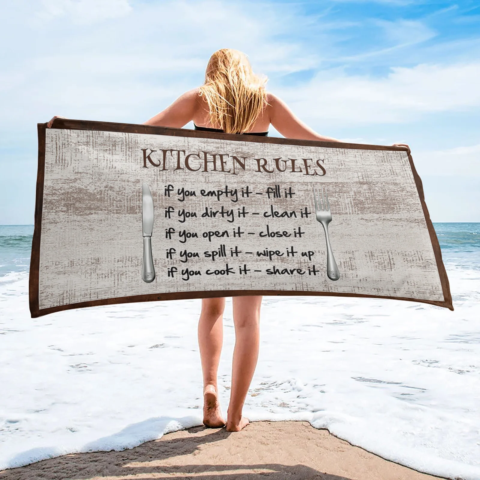 Wood Grain Kitchen Rules Cutlery Retro Microfiber Bath Towel Pool Seaside Soft Beach Towel Quick Dry Sports Face Towel