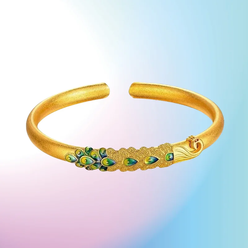 

NEW 9999 real gold 24K yellow gold Peacock Bracelet Ancient Method Burned Blue Enamel Retro Ethnic Style