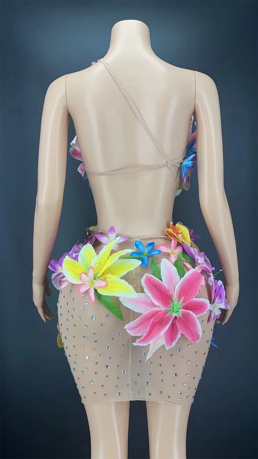 Colorful See Through Flowers Halter Short Dress Women Party Drag Queen Vegas Showgirl Costume Performance Stage Dance Outfit