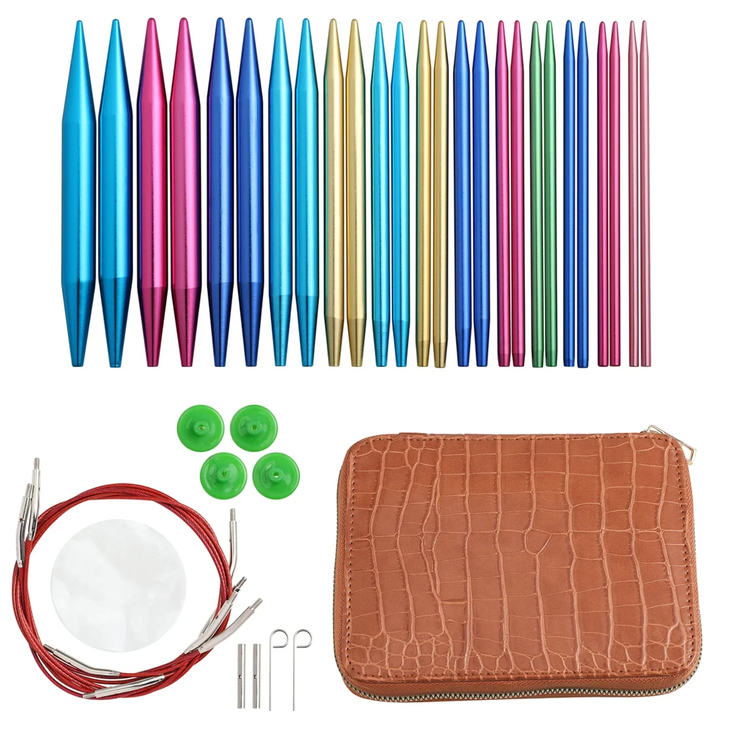 2021 Circular Knitting Needles Set - Genuine Red Leather Bag with Interchangeable Crochet Needles and Yarn Accessories Kit