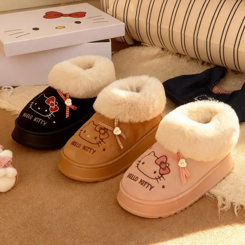 Cartoon Plush Cotton Slippers San-rio Hello Kitty Anime Women's Winter Warm New Anti-Slip Wear-Resistant Thick Sole Home Shoes