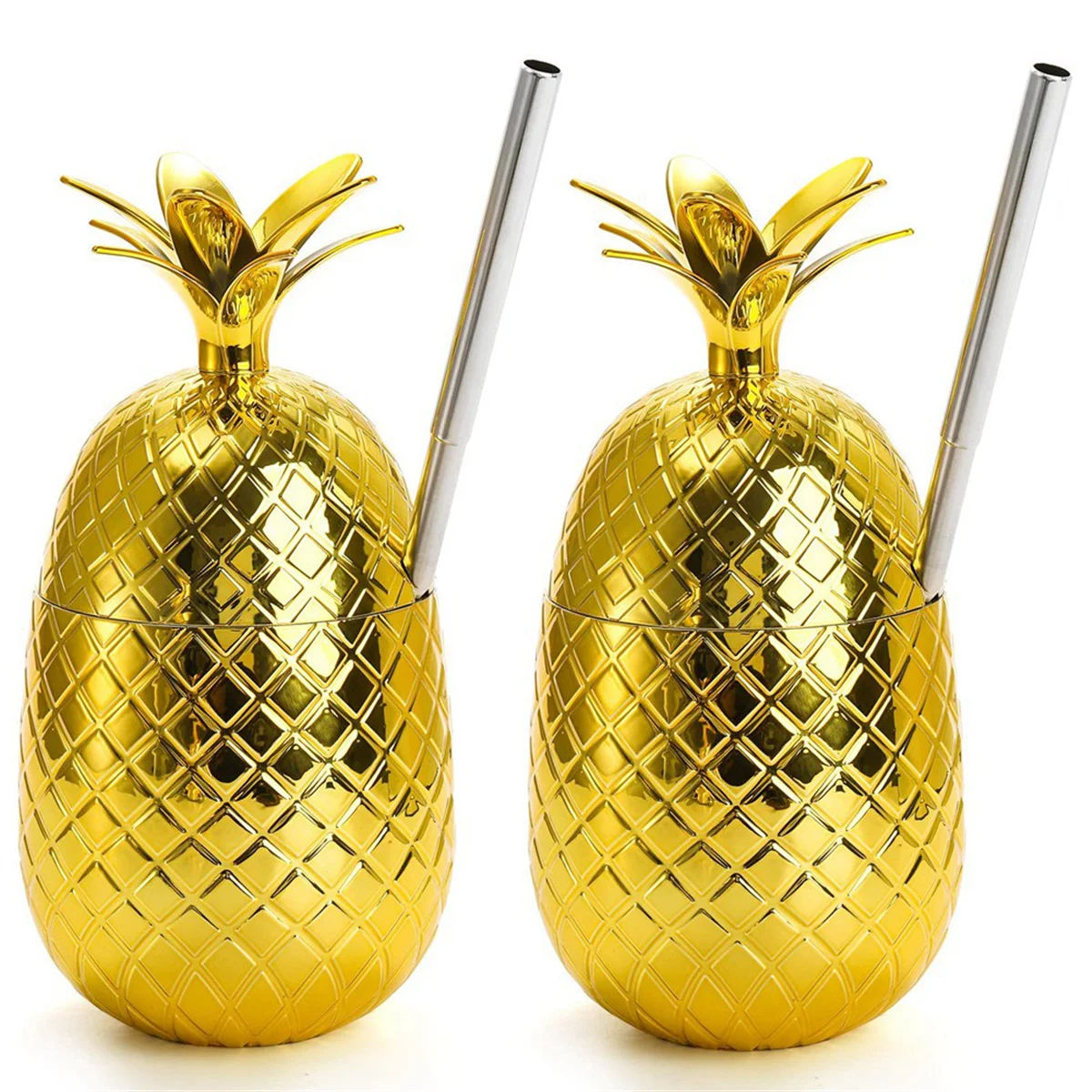 A98U 2 Pack Pineapples Drink Cups, 450Ml Gold Pineapples Tumbler with Stretched Straw, Hawaiian Luau Party Cups