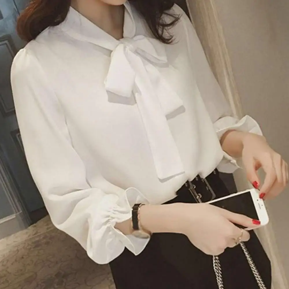 Women Chiffon Shirt Top Bowtie Princess Sleeve Fashion Blouse Solid Color Long Puff Sleeve Blouse Buttons Necktie Bowknot Shirt