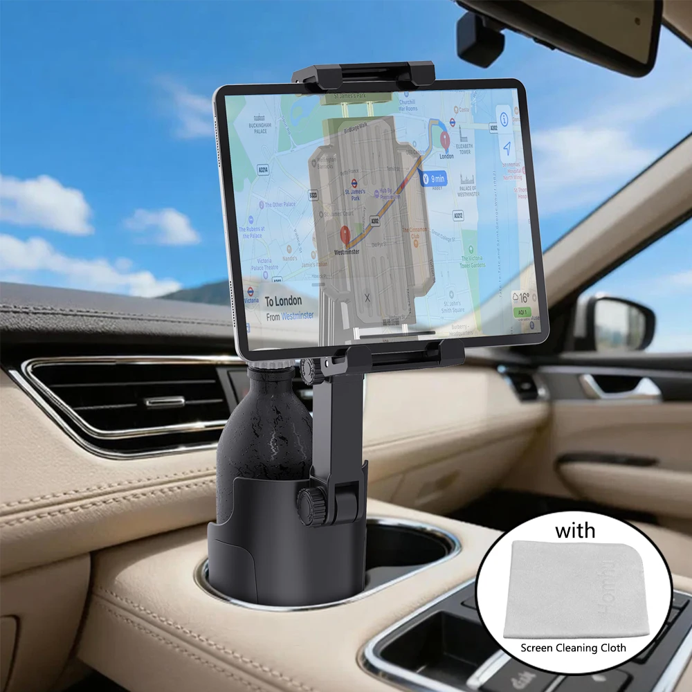 Auto-Tasse, Tablet-Ständer, Telefonhalter mit Handy-Halterung, 360-Grad-Drehung zum Halten großer Wasserflaschen und Becher-Bildschirm-Reinigungstuch