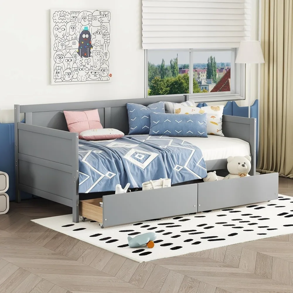 

Двойной каркас кушетки с ящиками для хранения вещей, Каркас дневной кровати двойного размера, Деревянная кушетка с ящиками для спальни, гостиной, Серый