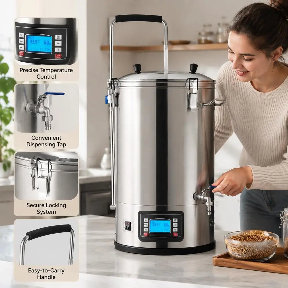 Système de brassage de bière domestique en acier inoxydable de 35L, bouilloire tout-en-un avec pompe, panneau de contrôle, modes automatique et manuel, 25-100 ° C, Minuteur de 1 à 180 minutes, Mémoire de recettes pour le brassage domestique