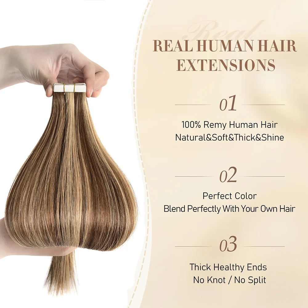 Cinta en extensiones de cabello humano, 12-24 ", 20 piezas de cabello Remy brasileño, cinta Invisible recta sin costuras