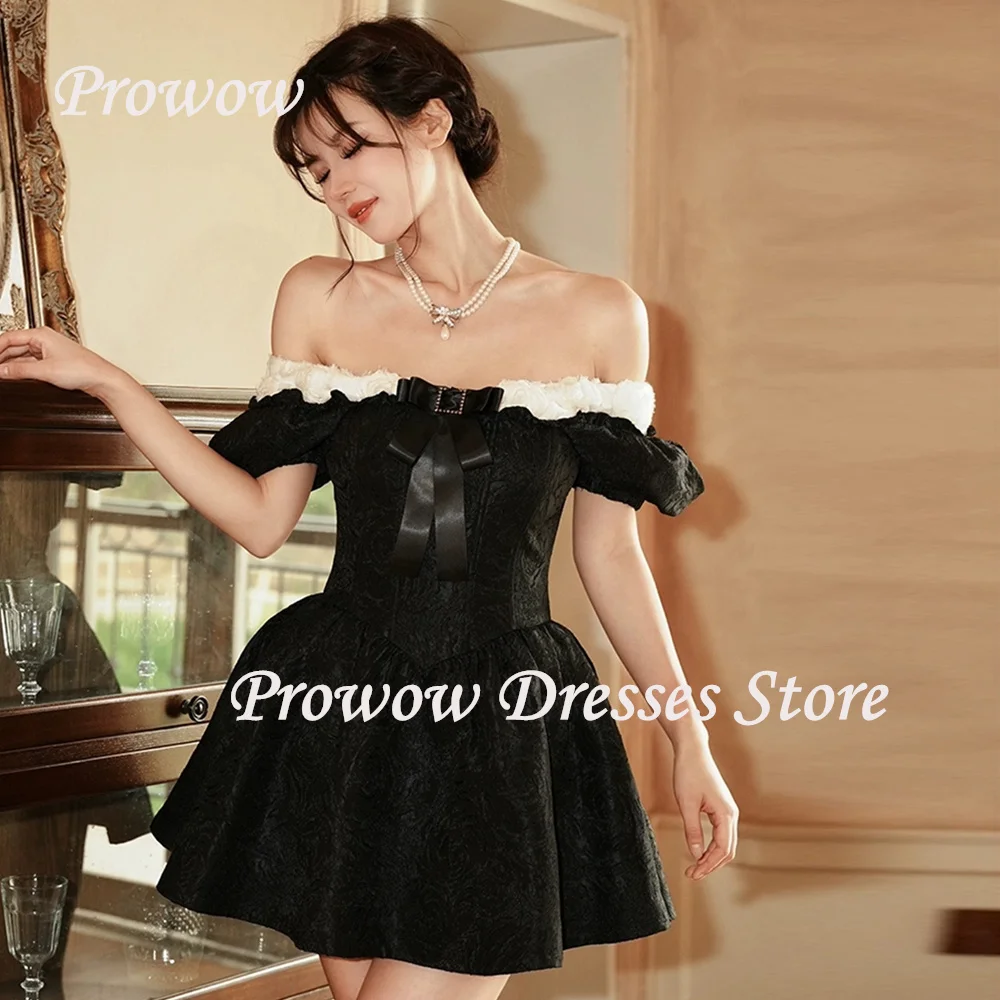 

Prowow Sexy Black Short Prom Cocktail Dresses Customized Short Sleeves A Line Mini Wedding Party Gowns Ribbon Bow Fluffy Gown