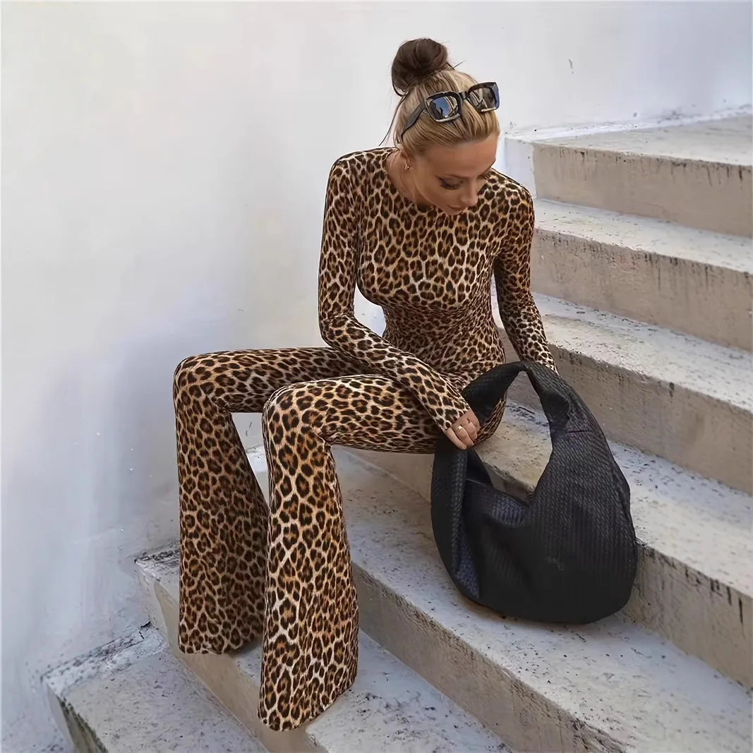 Combinaisons Sexy imprimées léopard pour femmes, Slim, tendance, dos nu, serrées, manches longues, vêtements pour filles, mode Streetwear, 2025