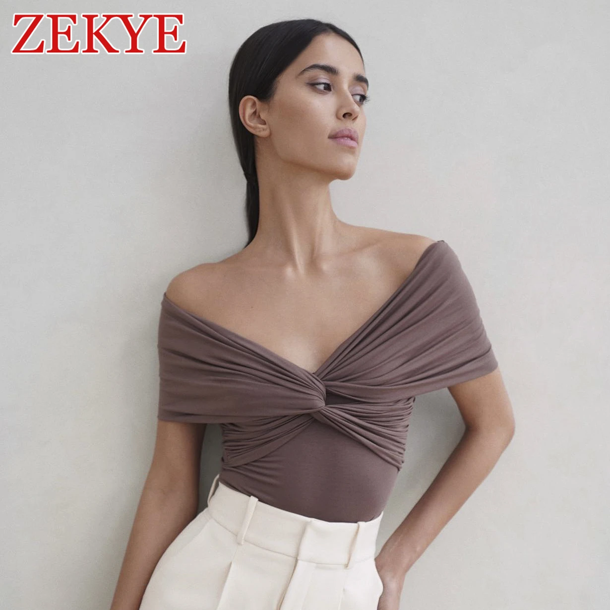 Zekye Knot Fold Elegant Off Shoulder Sleeveless Bodysuit Women Sexy Bodycon Solid Top Summer Party Jumpsuit High Qulity Fashion