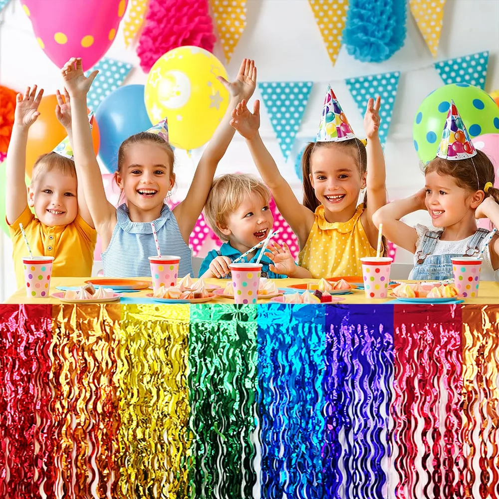Tęczowa falista spódnica stołowa Tęczowa metaliczna folia Tinsel Spódnice stołowe na urodziny Ślub Zaręczyny Bridal Shower Party Supplies