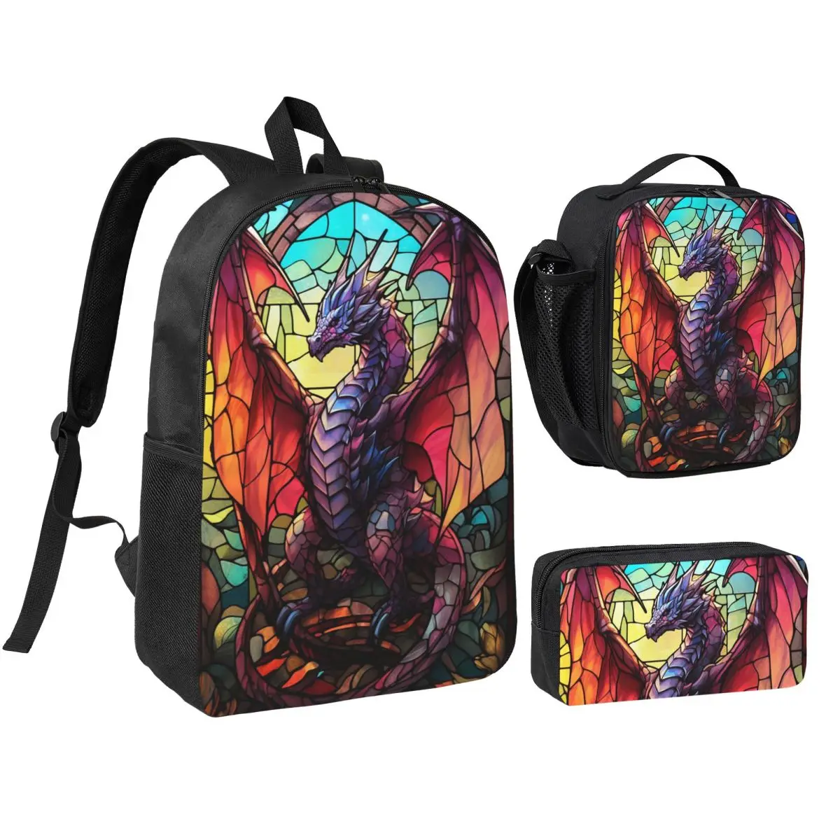Vibrant Dragon Glass Art Backpack Boys Girls BookBag School Bag Shoulder Bags 3ps Insulated Lunch Bag Pencil Case