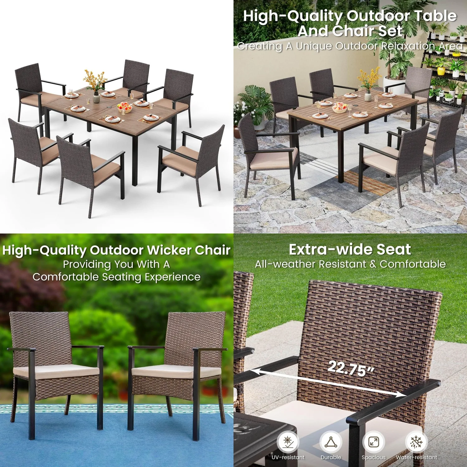 

7 Piece Patio Dining Set 65" Wood Look Metal Table Rattan Wicker Chairs Cushioned Outdoor Deck Yard Porch Customized