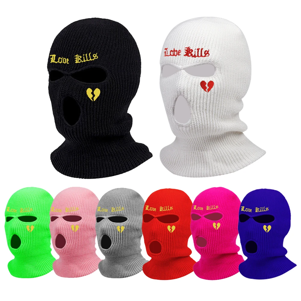 1 Pc Warm Autumn Winter 3 Hole Love Letter Embroidered Skiing Mask Outdoor Cycling Hood, Balaclava Hat