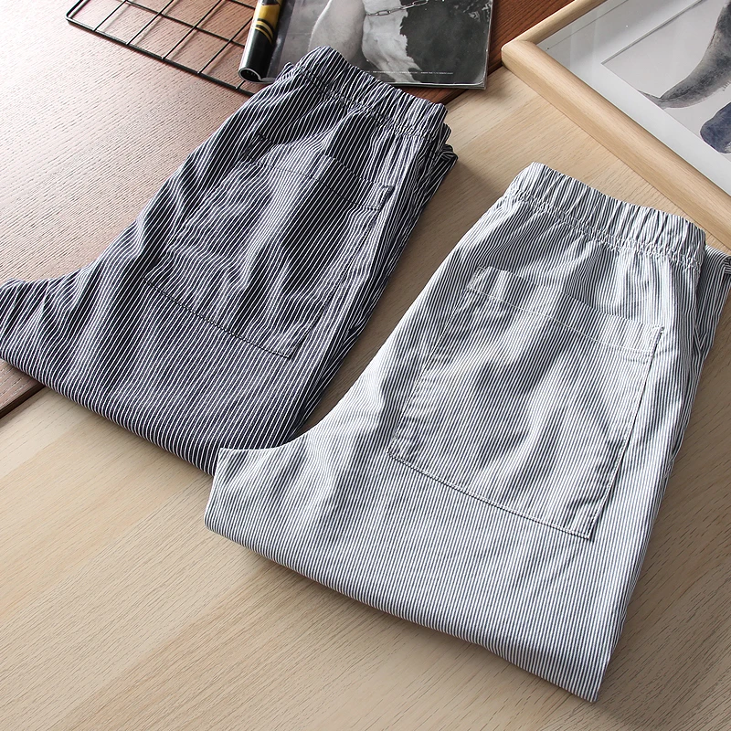 

Summer Men's Waed Pure Cotton Straight Leg Elastic Waist Breathable Stripe Casual Long Pants Home Leisure Faion Ci Sle