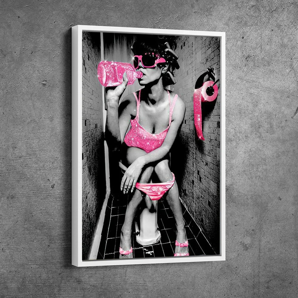 Fashion Sexy Woman Poster Print Girl Drinking Bar Canvas Painting Bling Toilet Roll Paper Picture Modern Wall Art Bathroom Decor